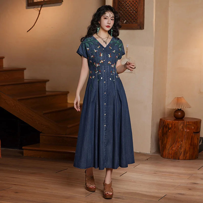 TIYIHAILEY Women Denim Dresses Long Mid-Calf Single Breasted Summer M-4XL Chinese Style Embroidery V-Neck New Vintage 2026
