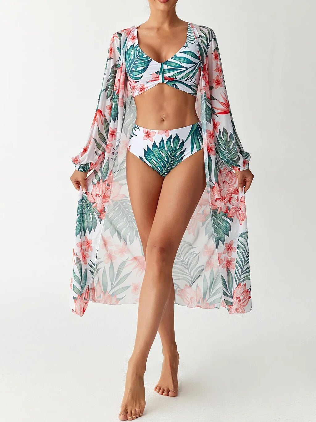 Women's 2026 Tankini Printed High Waist Long Sleeve Tankini Top Floral Print V Neck Swim Top Tropical Leaf Print Bikini Top