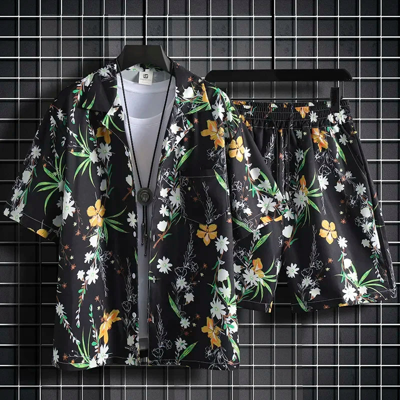 Men Hawaiian Print 2 Piece Set Short Sleeve Shirt And Shorts Beach Summer Outfit