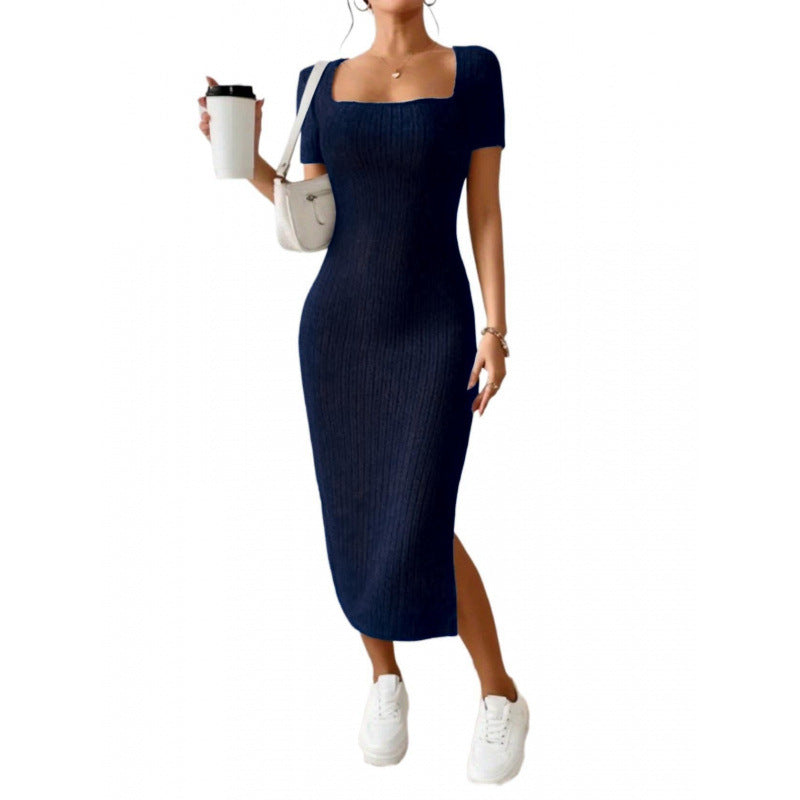 Womens Square Neck Slim Fit Slit Dress