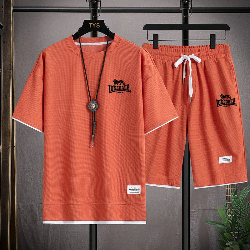 Men's summer new casual short-sleeved T-shirt set, fashionable outdoor men's round-neck pullover + sports shorts 2-piece set
