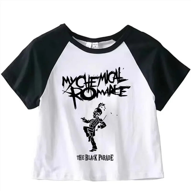 My Chemical Romance Graphic Crop Top Girl Cyber Y2k Kawai Fashion Harajuku Crop Top Summer Sport T Shirt Jogging Short Sleeves