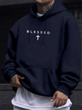 A men's casual hooded sweater with blessing cross design and geometric patterns in a regular fit suitable for spring and autumn