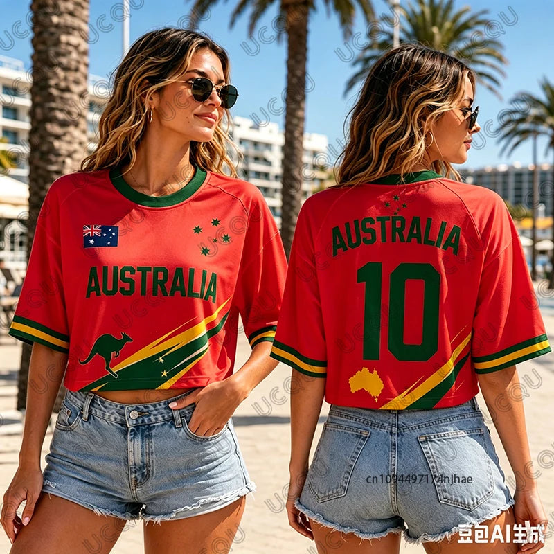 Summer New Australia Print T-Shirt For Women Short Sleeve O-neck Sexy Crop Top Streetwear Football Jersey Y2k Tees Casual Tops