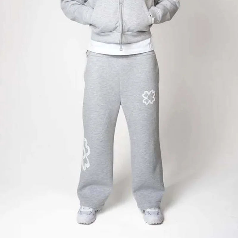 Spring Autumn Oversized 4 Leaf Clover Applique Zip Up Hoodie Tracksuit Set Men Y2K Streetwear Fleece Sweatpants 2 Piece Outfits