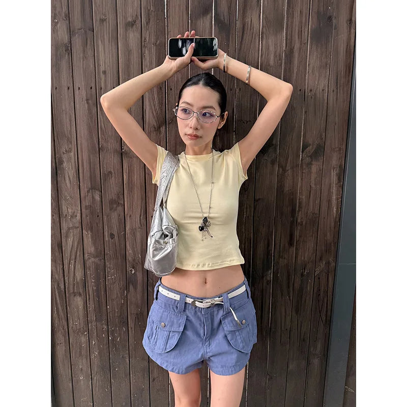 Benuynffy Solid Color Round Neck Crop Top Women 2026 Summer New Korean Style Chic Short Sleeved All Match Casual Y2k Top Tees