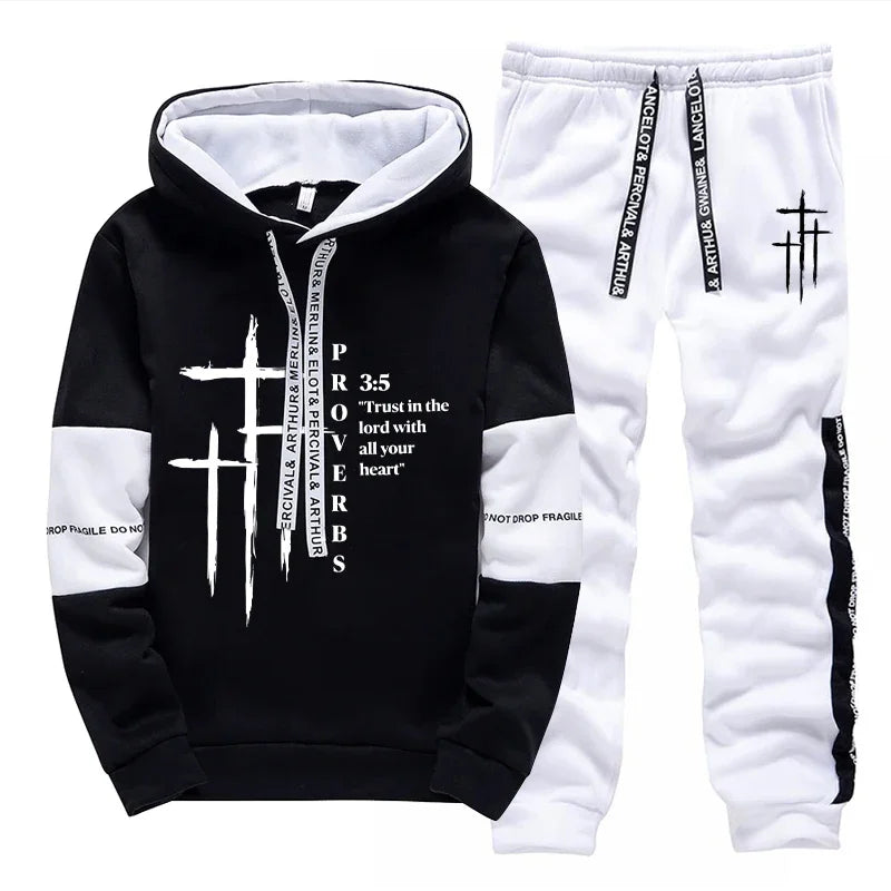 2026 New Arrival Men's Tracksuit Hoodie and Sweatpants 2pcs Set Autumn Daily Casual Sports Hooded Sportswear Cross Print Outfits