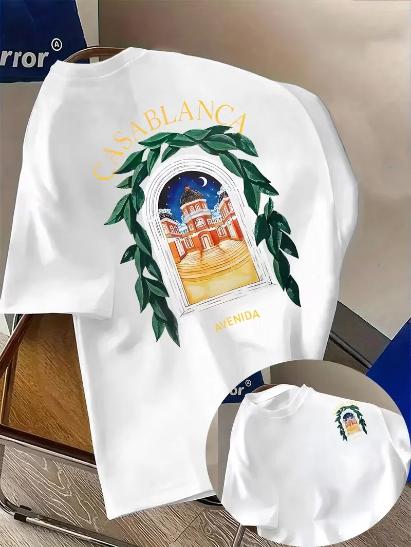 Casablanca Aesthetic Architectural Graphic T-Shirt Casual Short Sleeve Tee Fashion Harajuku Kawaii Women's Y2K Clothing Unisex