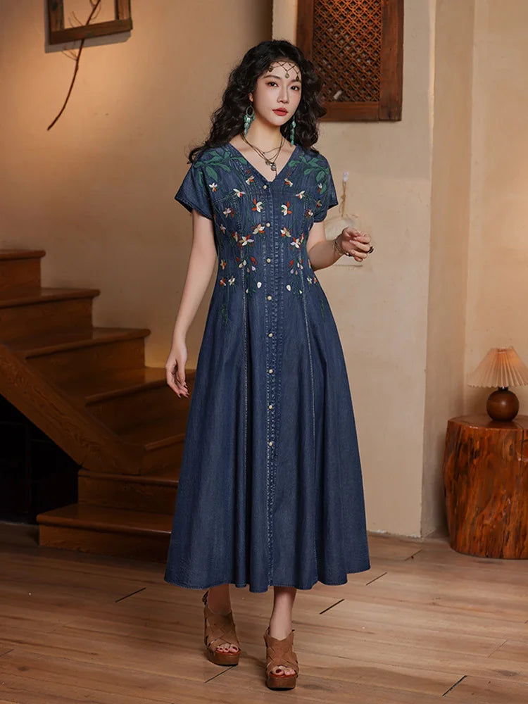 TIYIHAILEY Women Denim Dresses Long Mid-Calf Single Breasted Summer M-4XL Chinese Style Embroidery V-Neck New Vintage 2026