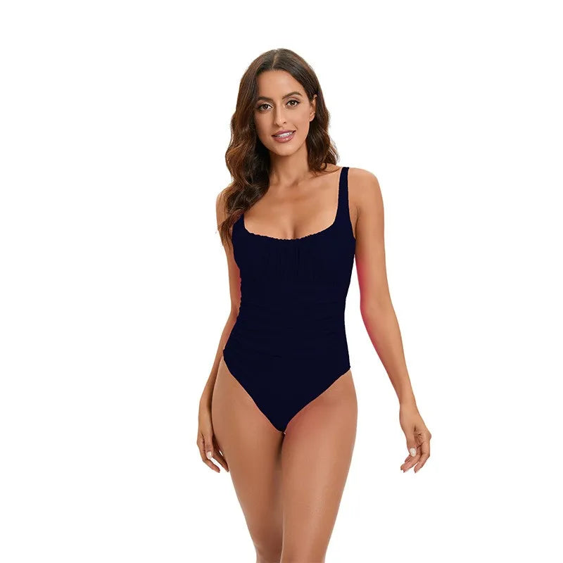 Swimwear Women Swimsuit Tummy Control Square Neck One-Piece Swimsuit Black High Cut Legs Solid Color Navy Blue Bathing Suit
