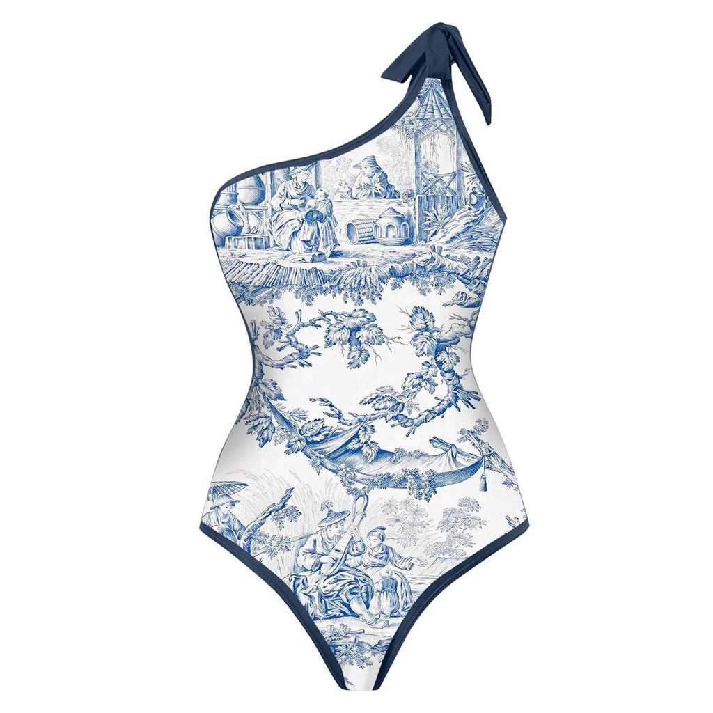 Woman Bikini Tankini Blue And White Toile Print Bikinis One Shoulder Ruffle Skirt Swimsuit Halter Neck High Waist Swimwear