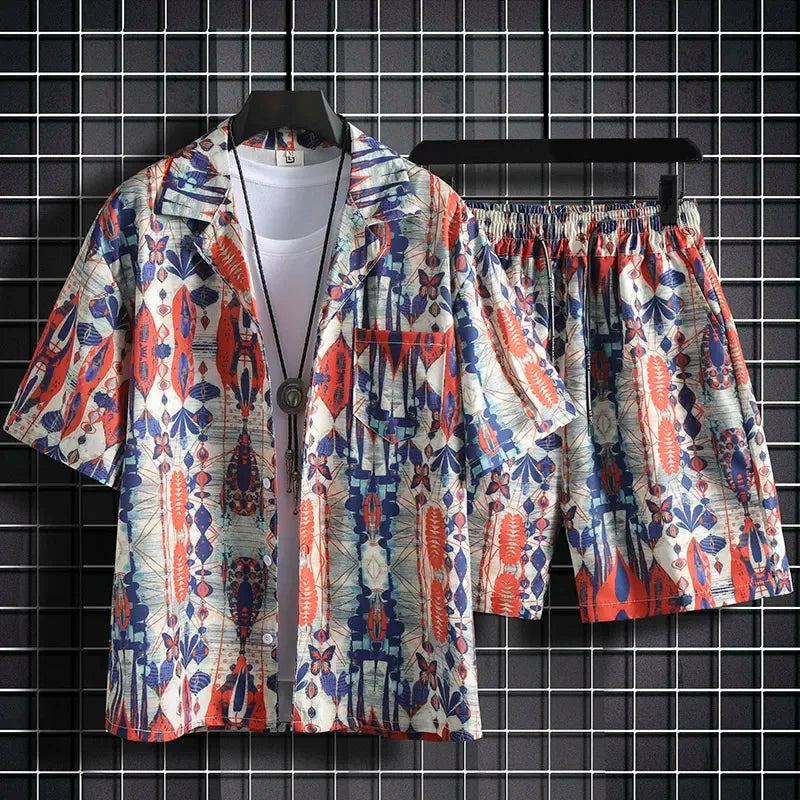 Men Hawaiian Print 2 Piece Set Short Sleeve Shirt And Shorts Beach Summer Outfit
