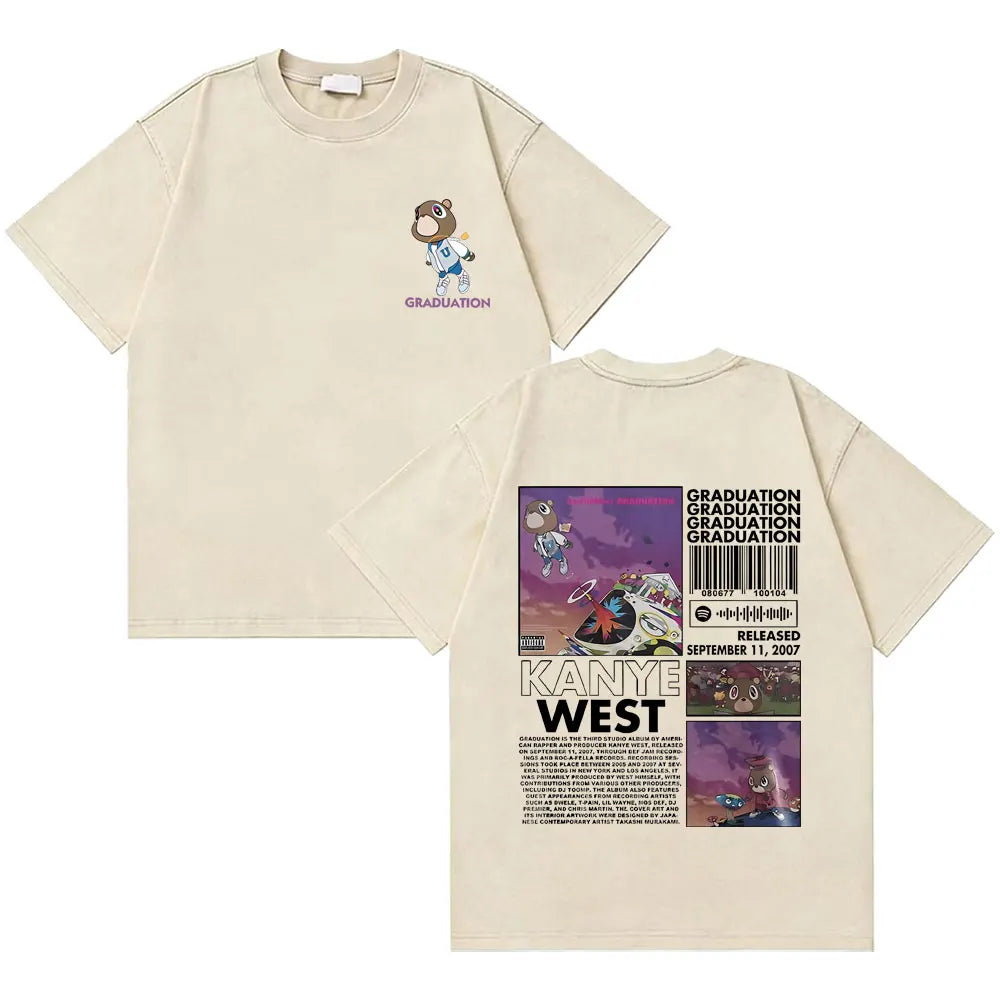 Awesome Rapper Kanye West Graduation Bear Vintage Washed T-shirt Men Women Hip Hop Fashion Trend Short Sleeve T Shirt Streetwear