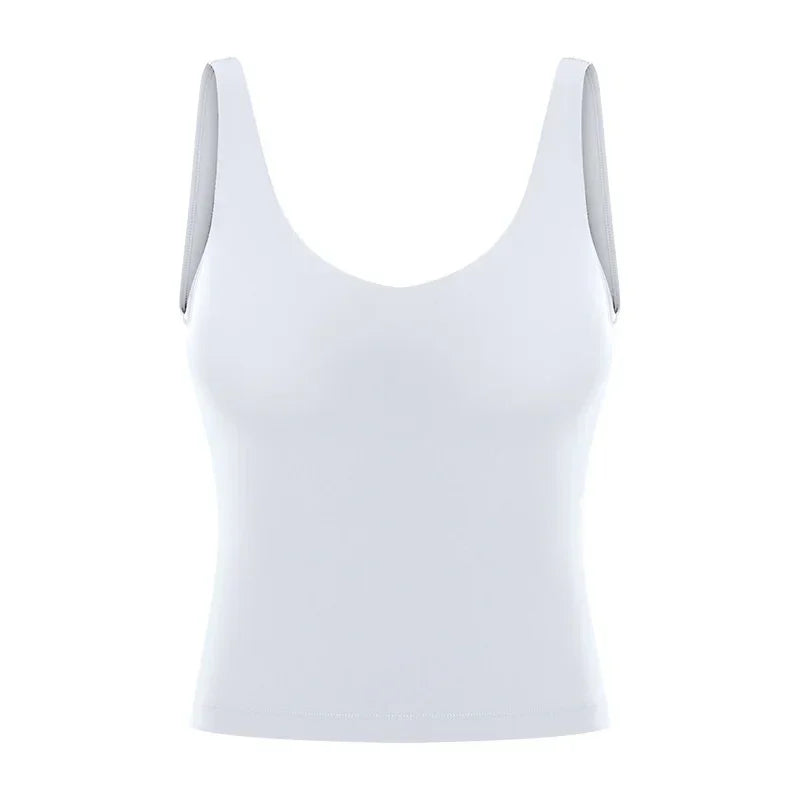 Women Waist-Length Tank Top V-neck 4-way Stretch Sweat-wicking Yoga Shirt With Removable Cups U-Back Workout Vest
