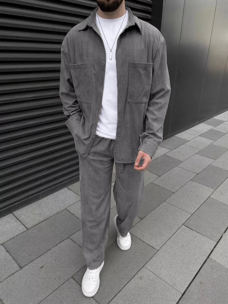 Men's corduroy two-piece outfit: long-sleeved button-down shirt and wide-leg trousers set, fashionable casual street sportswear.
