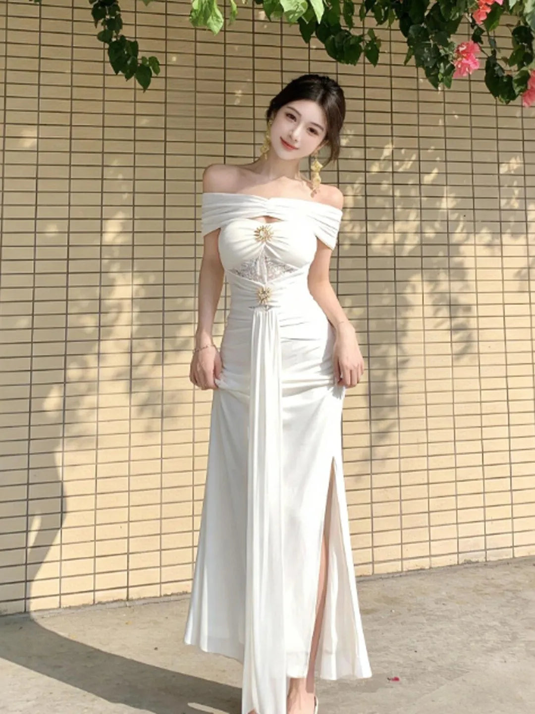 Elegant Lady Style One-Shoulder Slit Wrap Bodycon Long Dress Women's Summer Fashion Casual City Commute Street Style Dress
