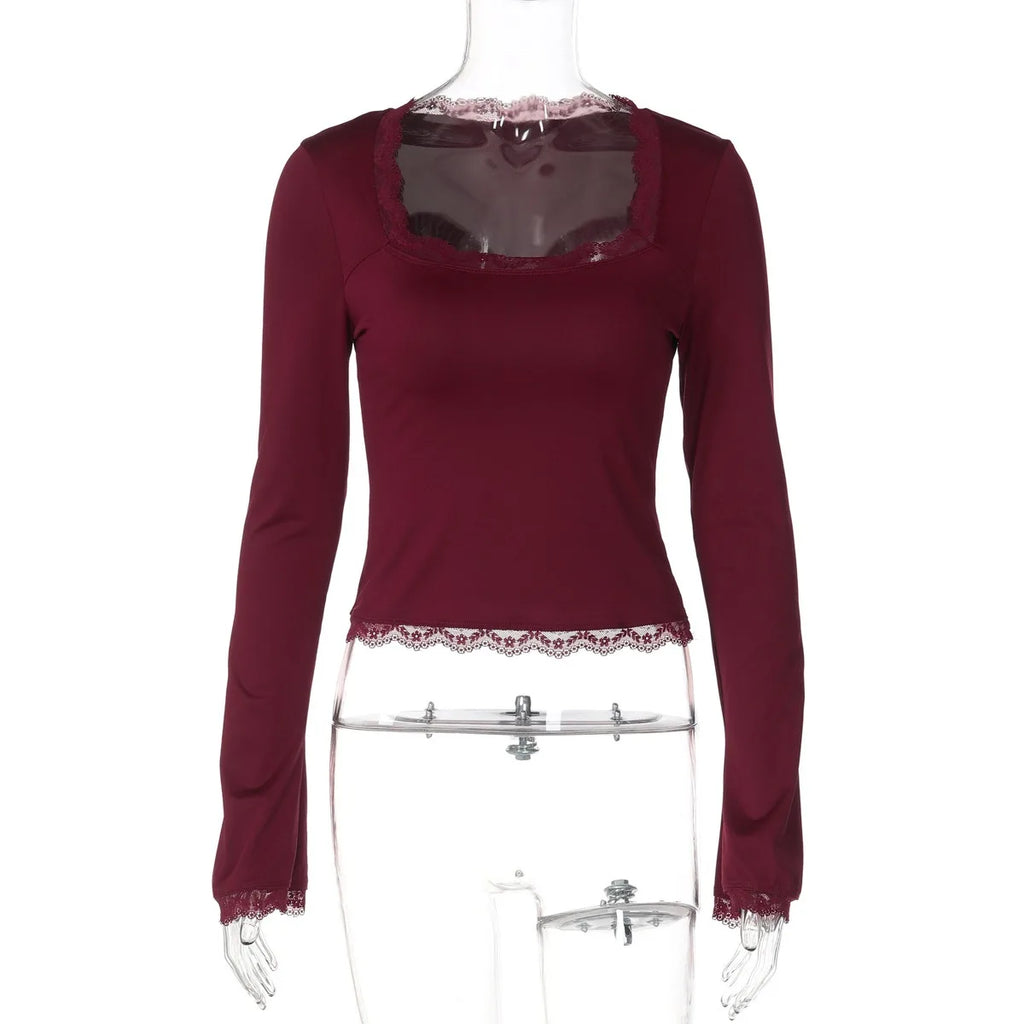 Women's Lace Edged Square Neck Long Sleeved Slim Fit Ladies Top T-Shirt Classic Simple Solid Sexy Square Neck Pullover Y2k Style