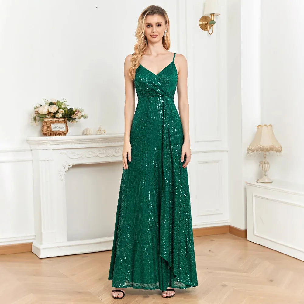 V Neck Spaghetti Strap Vertical Stripe Sequin A Line Dress Emerald Green High Thigh Split Floor Train Gala Cocktail Party Gown