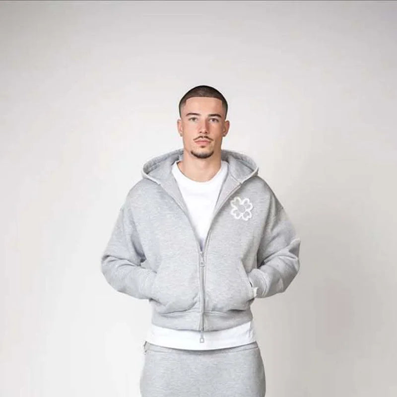 Spring Autumn Oversized 4 Leaf Clover Applique Zip Up Hoodie Tracksuit Set Men Y2K Streetwear Fleece Sweatpants 2 Piece Outfits