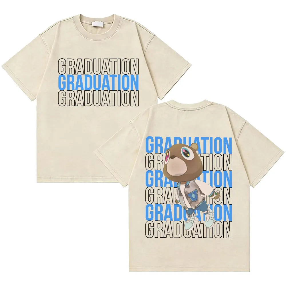 Awesome Rapper Kanye West Graduation Bear Vintage Washed T-shirt Men Women Hip Hop Fashion Trend Short Sleeve T Shirt Streetwear