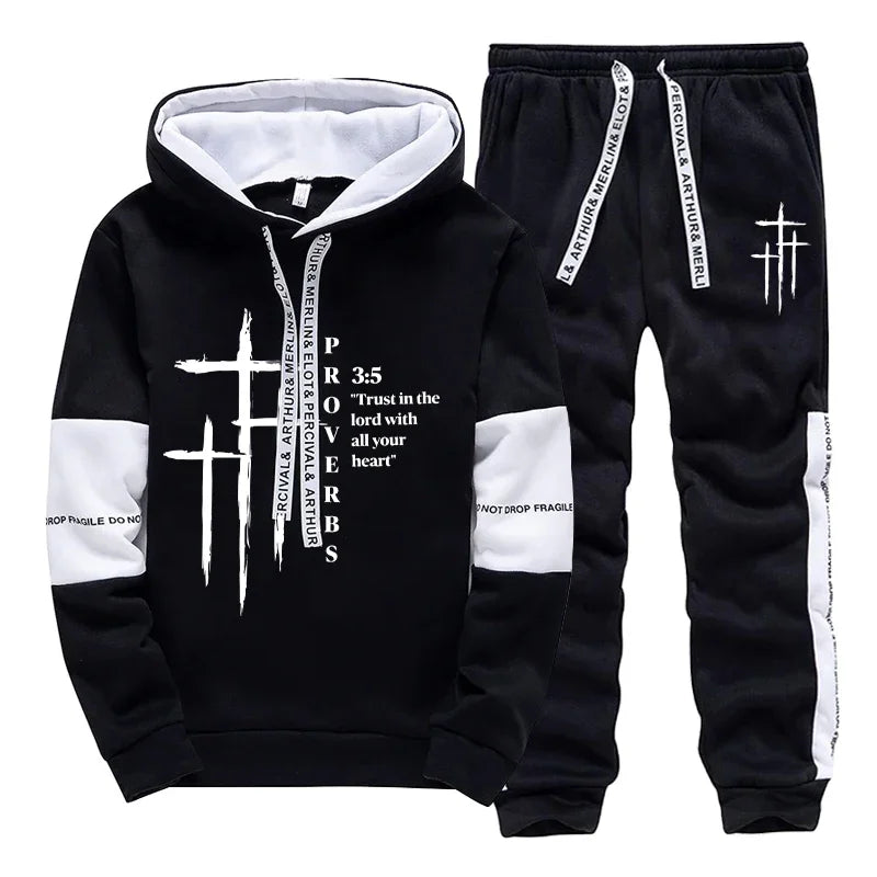 2026 New Arrival Men's Tracksuit Hoodie and Sweatpants 2pcs Set Autumn Daily Casual Sports Hooded Sportswear Cross Print Outfits