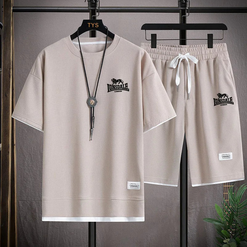 Men's summer new casual short-sleeved T-shirt set, fashionable outdoor men's round-neck pullover + sports shorts 2-piece set