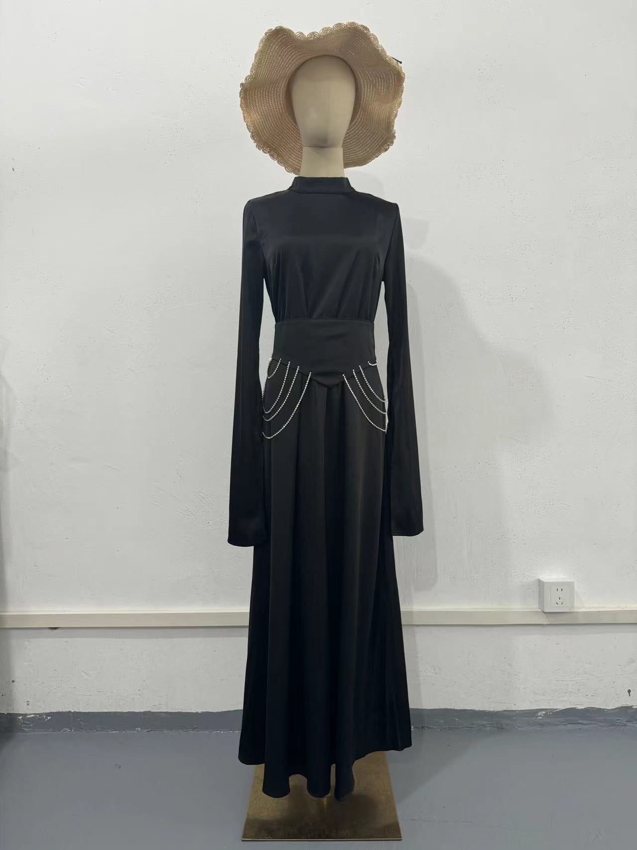 Long-Sleeve Half-High Collar Waist-Cinching Dress