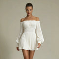 One-shoulder long-sleeve ruched waist casual French-style dress
