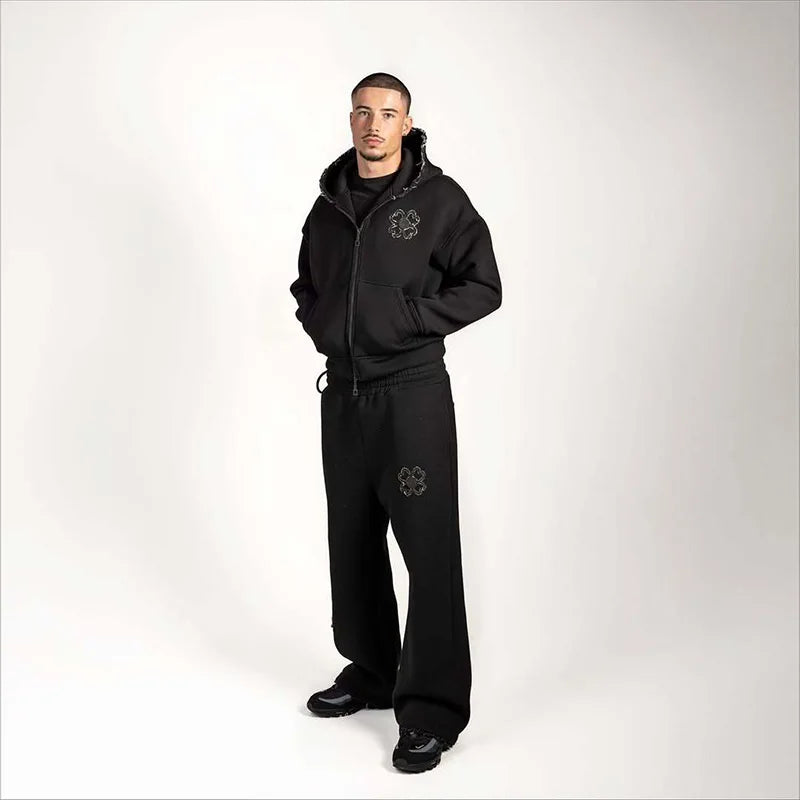 Spring Autumn Oversized 4 Leaf Clover Applique Zip Up Hoodie Tracksuit Set Men Y2K Streetwear Fleece Sweatpants 2 Piece Outfits
