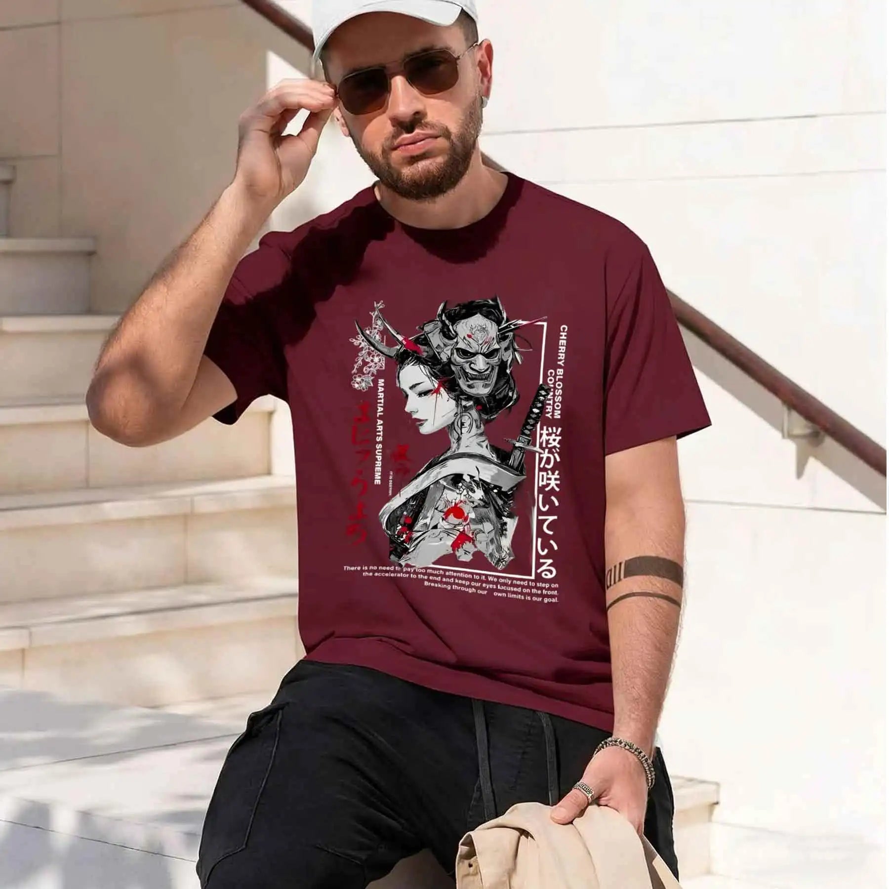 new printed T-shirt printed with  Men's Japanese Dark Ukiyo-e T-shirt, Oni Mask Geisha Katana Print Cool Street Style Top