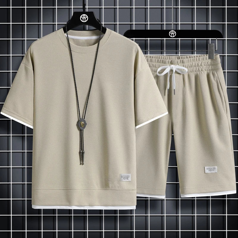 Ice Silk Short Sleeve Men's Summer Sportswear Set Casual Five-Quarter Length T-Shirt And Shorts Ensemble for Teenage Boys