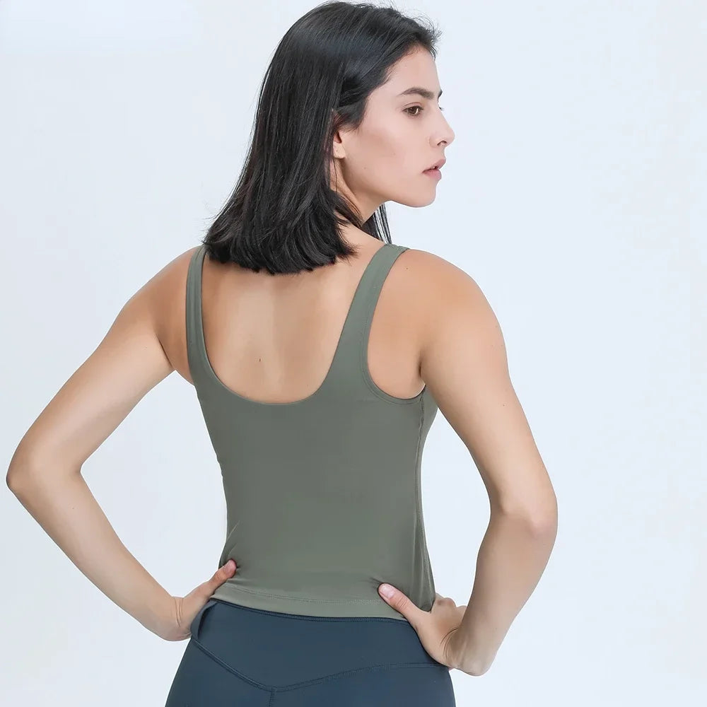 Women Waist-Length Tank Top V-neck 4-way Stretch Sweat-wicking Yoga Shirt With Removable Cups U-Back Workout Vest