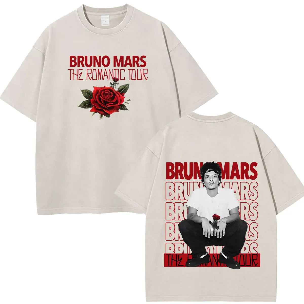 Bruno Mars The Romantic Tour 2026 Print Vintage Washed T-shirt Man Woman Fashion T-shirts Cotton Loose Casual Oversized T-shirts