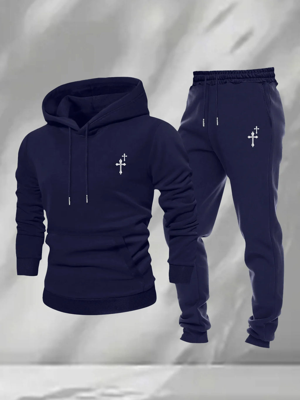 Men 2Pcs Small Cross Embroidery Hoodie Sweatpants Set Polyester Loose Autumn Daily Street Casual Tracksuit For Men