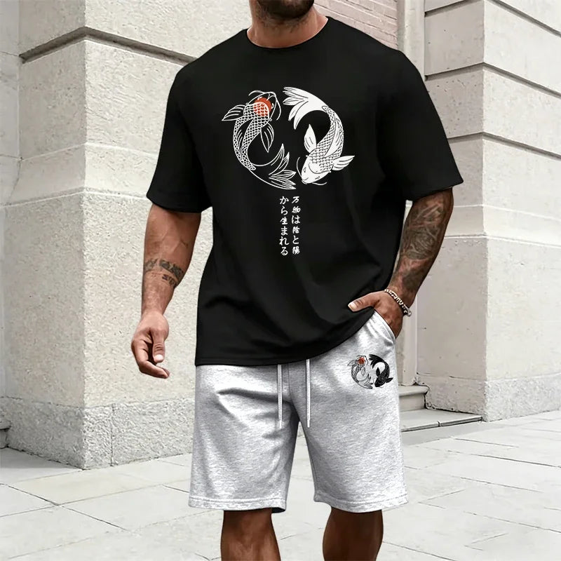 Japanese Yinyang Pattern Men's Tracksuit Cotton T-shirt and Sports Shorts Summer Urban Casual Fashion Short Sleeve Outfits S-3XL
