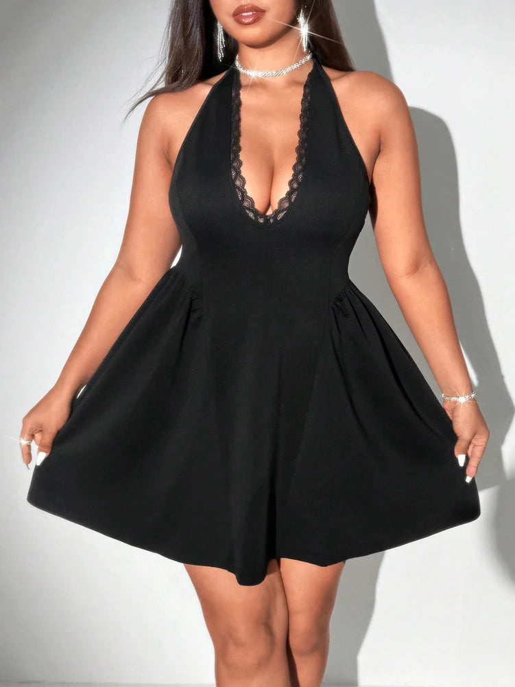 Plus Size Women Halter Black Mini Dress Lace Deep V Neck Sleeveless A Line Flare Club Party Short Dress