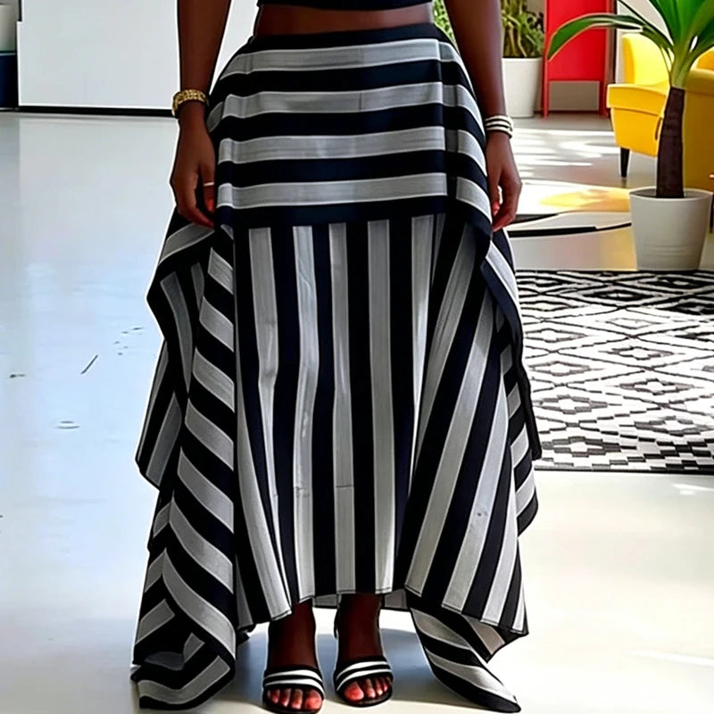 Fashion Irregular Splice Ruffle Edge Outfit Chic Striped Printed Top+Skirt 2pc Set Sexy Waist Cinch Backless Beach Holiday Suit