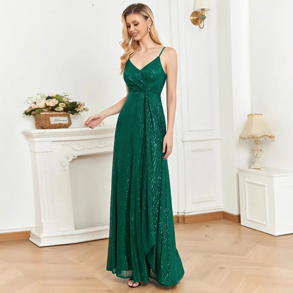 V Neck Spaghetti Strap Vertical Stripe Sequin A Line Dress Emerald Green High Thigh Split Floor Train Gala Cocktail Party Gown