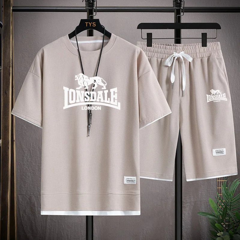 Men's summer new casual short-sleeved T-shirt set, fashionable outdoor men's round-neck pullover + sports shorts 2-piece set