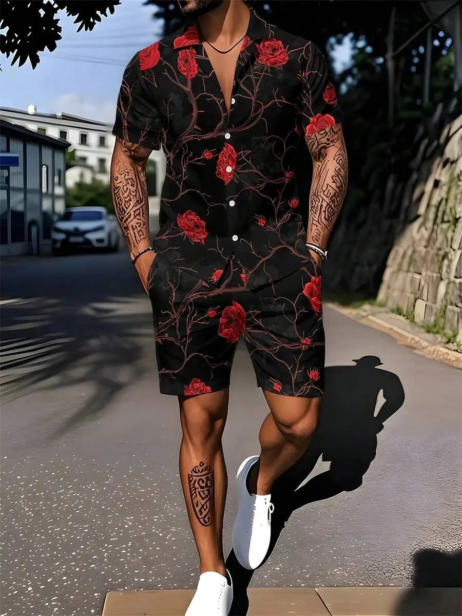 Mens Cuban Collar Shirt And Shorts Set With Red Rose Print Black Background