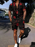 Mens Cuban Collar Shirt And Shorts Set With Red Rose Print Black Background