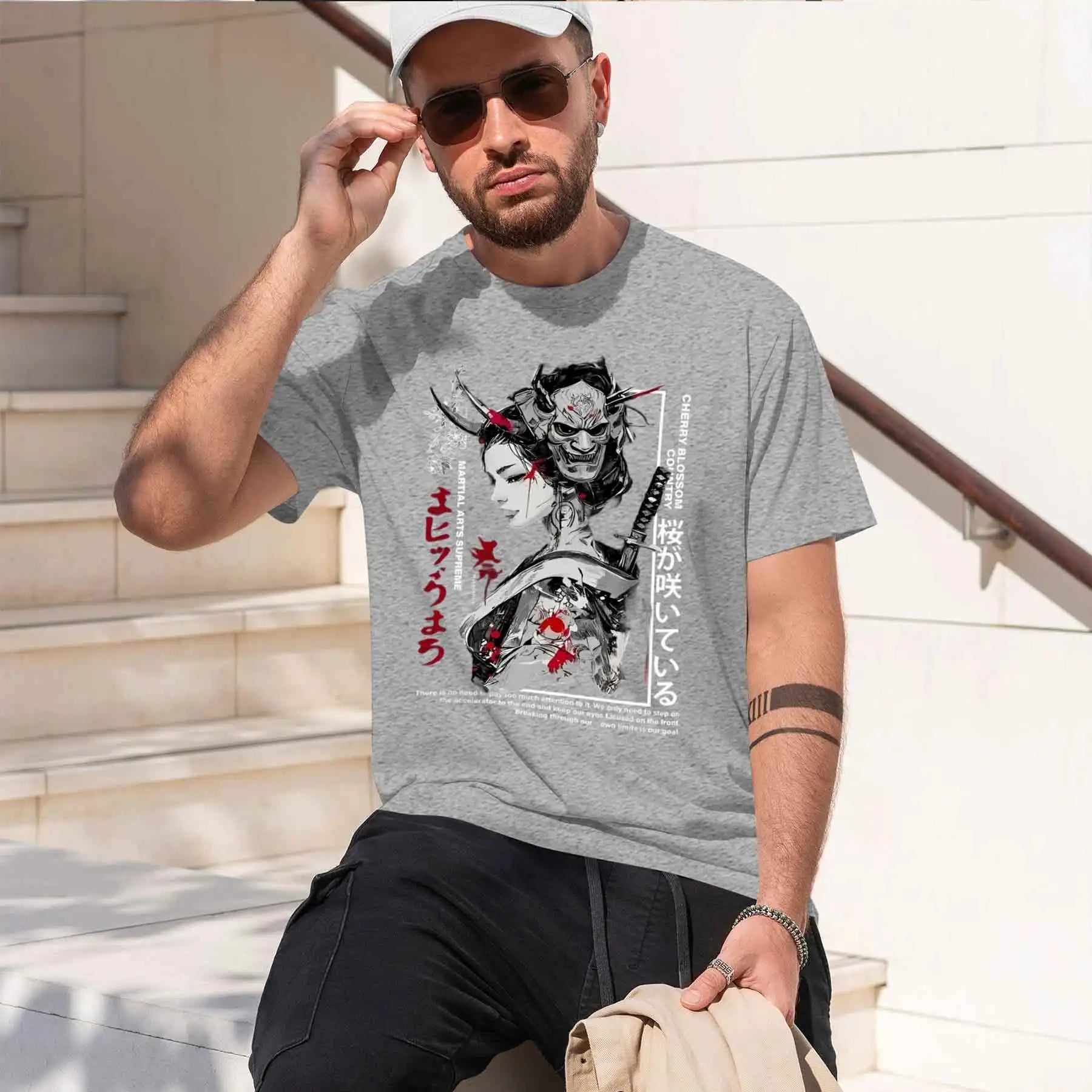 new printed T-shirt printed with  Men's Japanese Dark Ukiyo-e T-shirt, Oni Mask Geisha Katana Print Cool Street Style Top