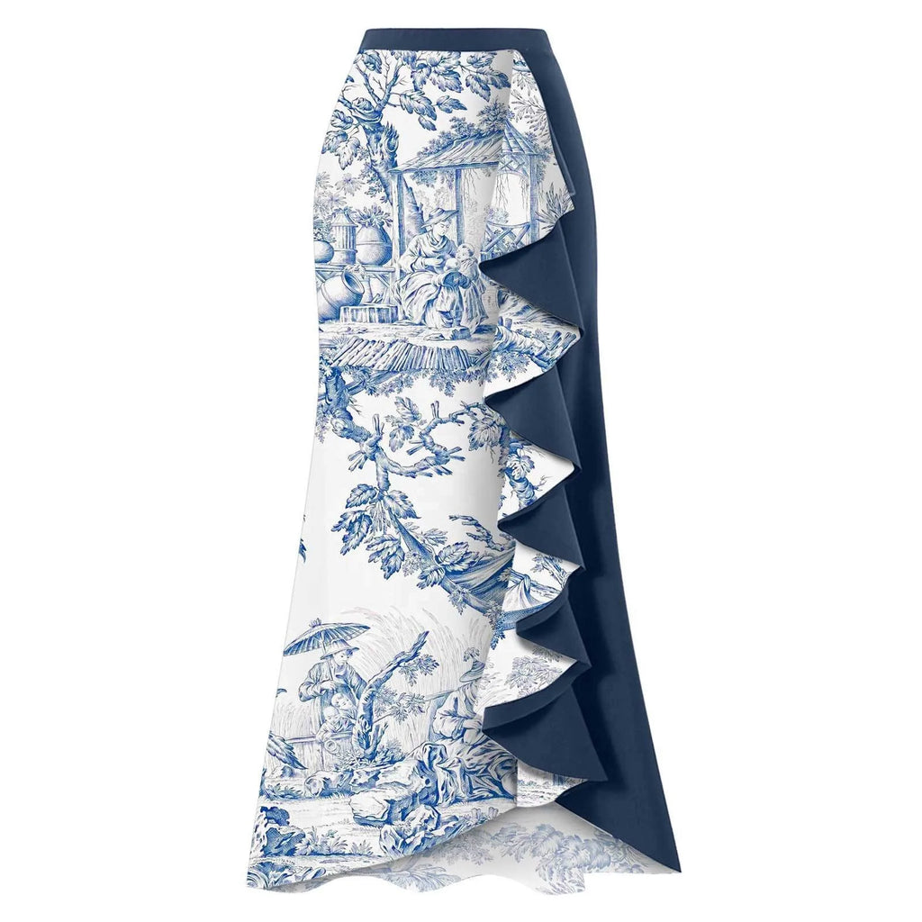 Woman Bikini Tankini Blue And White Toile Print Bikinis One Shoulder Ruffle Skirt Swimsuit Halter Neck High Waist Swimwear