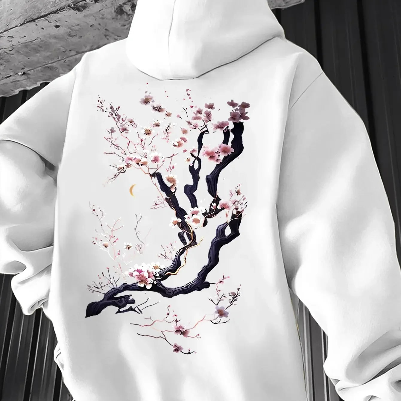 Men'S Hoodie Designed with Retro Ink Wash Style Cherry Blossom Branches Reflecting Eastern Aesthetics Made from Knit Fabric