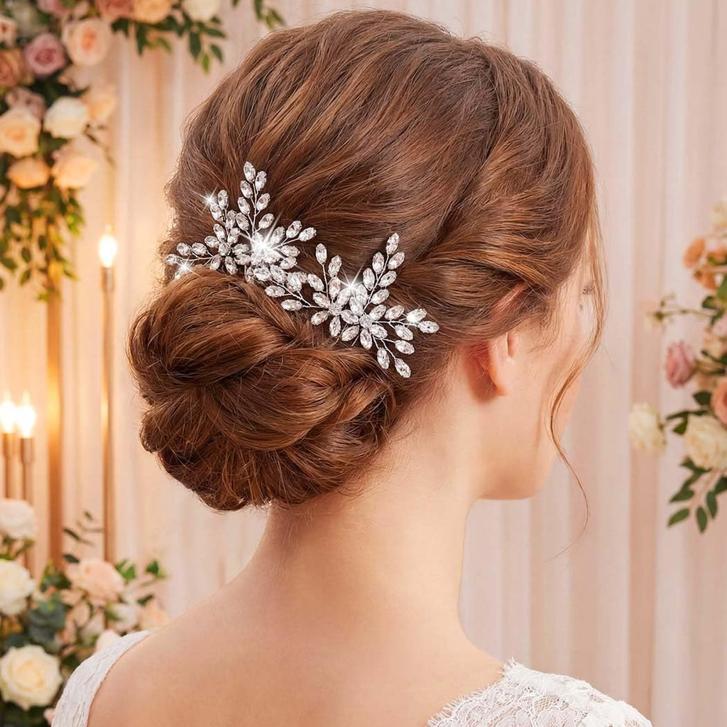 Silver Rhinestone Hair Pins Crystal Hair Clips Bridal Wedding Hair Accessories for Brides and Women Pack of 2 (A-Silver)