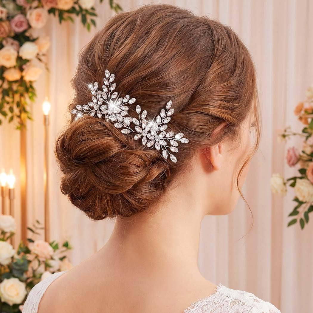 Silver Rhinestone Hair Pins Crystal Hair Clips Bridal Wedding Hair Accessories for Brides and Women Pack of 2 (A-Silver)
