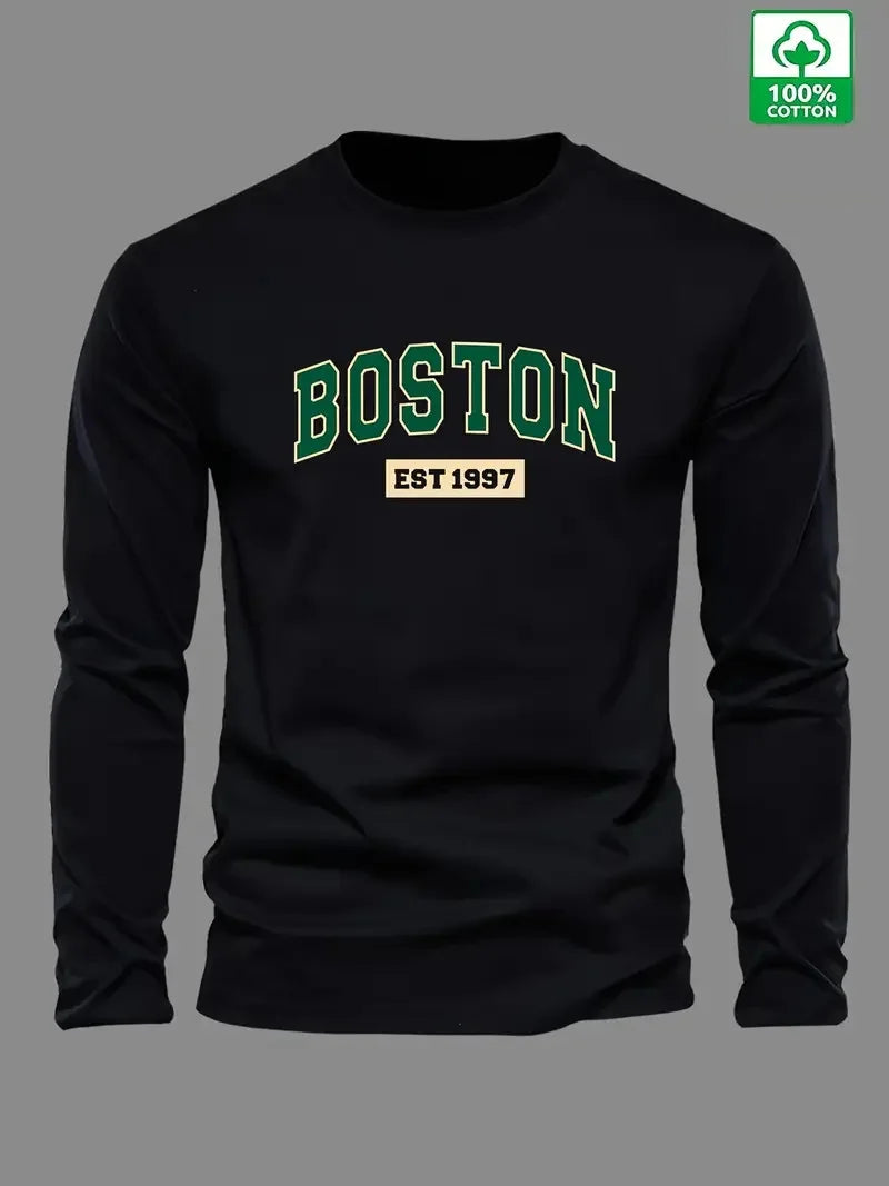 100% cotton men's long sleeved round neck loose BOSTON EST 1997 letter printed autumn and winter casual versatile T-shirt top