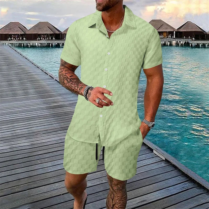 6 colors European and American new summer men's fashion pure color casual blended short-sleeved T-shirt shorts suit S-3XL size