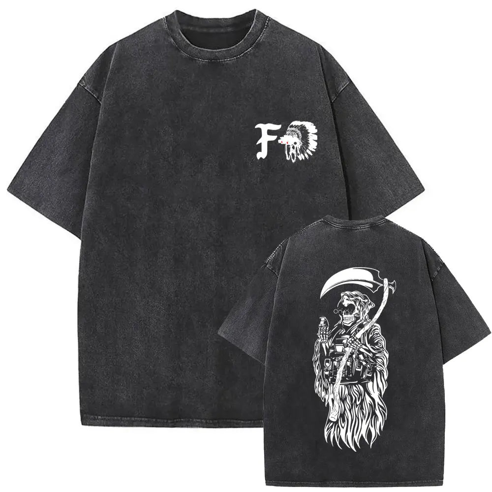 Forward Observations Group Vintage Washed T-shirt Skeleton Graphic T Shirts Men Women Fashion Oversized T-shirts Male Streetwear