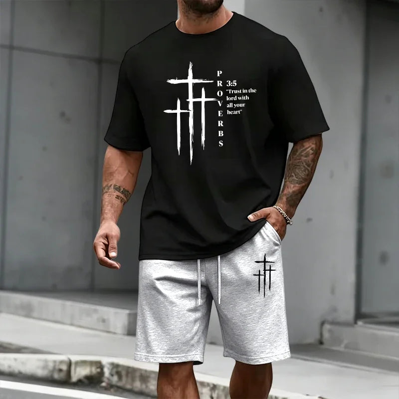 2026 Summer Men's Set Cross Print T-shirts and Shorts Home Outdoor Comfort Soft Short Sleeve Outfit Urban Casual Trend Tracksuit